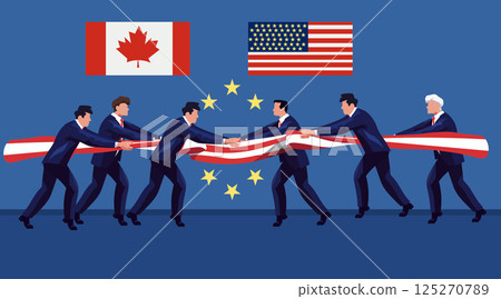 Trade war Canada United States European Union tariffs conflict businesspeople tug of war national flags stars blue background political dispute 125270789