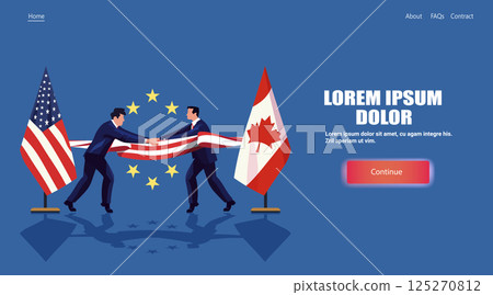 Trade war USA Canada European Union tariffs conflict businessmen tugging flags stars blue background website template 125270812