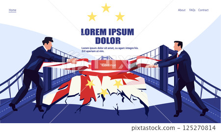 Businessmen trade war United States China European Union conflict bridge torn flags stars dramatic confrontation web banner Businessmen trade war United States China European Union conflict bridge torn flags stars dramatic confrontation web banner 125270814