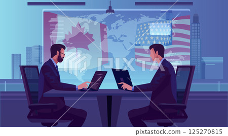 Businessmen trade war Canada United States negotiation conflict office laptops world map cityscape flags modern workspace Businessmen trade war Canada United States negotiation conflict office laptops world map cityscape flags modern workspace 125270815