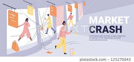 Market crash economic crisis panic people shattered storefronts falling documents broken glass distressed shoppers pastel colors modern flat banner template Market crash economic crisis panic people shattered storefronts falling documents broken glass distressed shoppers pastel colors modern flat banner template 125270843