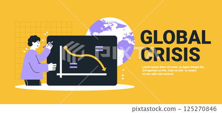 Global crisis economic downturn trade war concept businessman analyzing falling graph chart earth background modern website banner 125270846