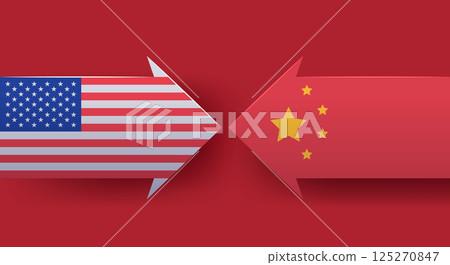 USA China trade war conflict arrows flags confrontation red background banner 125270847