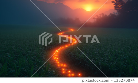 Illuminated path through misty field at sunset with glowing lights creating winding trail toward mountains, concept of journey and guidance 125270874
