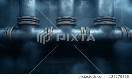 Industrial pipeline system with rusty connections against blue wall background. Detailed water infrastructure for plumbing, construction, and engineering projects 125270886