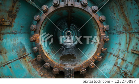 Industrial pipeline tunnel with rusted metal flanges, underground water infrastructure showing depth perspective. Urban engineering concept 125270887