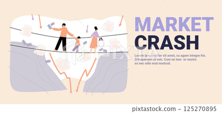 Family walking tightrope market crash concept financial crisis falling money documents downward arrows abstract background website banner Family walking tightrope market crash concept financial crisis falling money documents downward arrows abstract background website banner 125270895