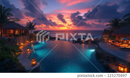 Infinity pool overlooking ocean at sunset with tropical bungalows and lanterns, luxury resort concept for vacation and relaxation getaway 125270897