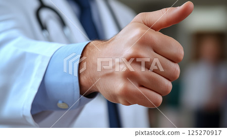 Medical professional gesturing with hand in white coat at hospital, demonstrating healthcare communication and professional expertise 125270917