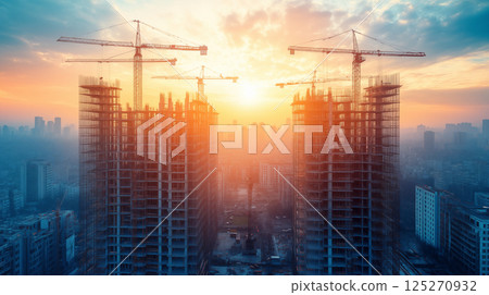 Modern skyscraper construction site with tower cranes at sunset, urban development showcasing residential buildings under construction in cityscape 125270932
