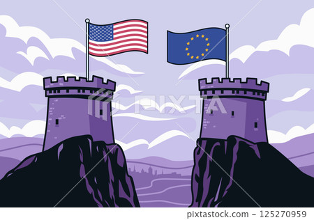 Trade war illustration USA EU flags on castle towers against cloudy sky representing tariffs war concept 125270959