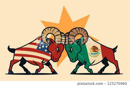 Rams representing USA and Mexico trade war concept headbutting with flags star background conflict Rams representing USA and Mexico trade war concept headbutting with flags star background conflict 125270960