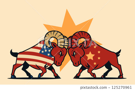 USA China trade war concept depicting two rams with national flags clashing heads against a neutral background symbolizing tariffs conflict USA China trade war concept depicting two rams with national flags clashing heads against a neutral background symbolizing tariffs conflict 125270961
