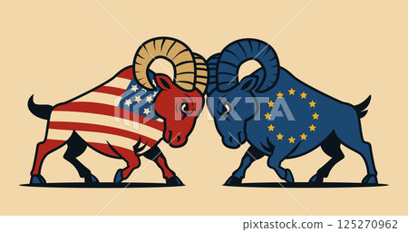 USA EU trade war concept two rams clashing with American and European Union flags on their bodies beige background 125270962