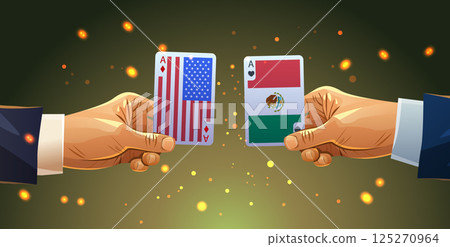Trade war USA Mexico poker cards concept Two hands holding playing cards with American and Mexican flags symbolizing trade conflict against a dark background 125270964
