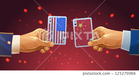 Trade war USA China concept illustration. Two hands hold playing cards with US and China flags symbolizing economic conflict. Dark background with glowing dots 125270966