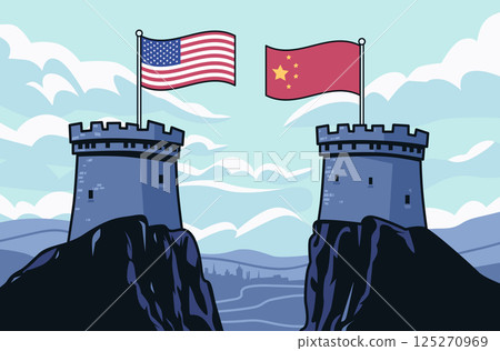 Trade war illustration USA China flags on castle towers symbolizing conflict blue sky landscape Trade war illustration USA China flags on castle towers symbolizing conflict blue sky landscape 125270969