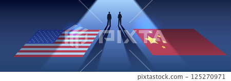 Trade war USA China flags confrontation silhouettes spotlight dark background Trade war USA China flags confrontation silhouettes spotlight dark background 125270971
