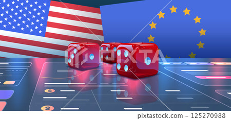 Trade war USA EU concept with dice depicting tariffs conflict between United States and European Union flags on digital background 125270988