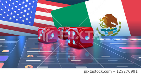 Trade war USA Mexico concept with dice reflecting on digital surface flags in background economic tension theme 125270991