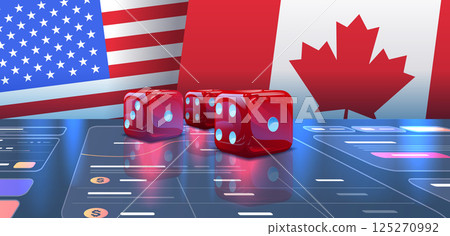 Trade war concept USA Canada flags dice digital platform red blue colors reflective surface Trade war concept USA Canada flags dice digital platform red blue colors reflective surface 125270992