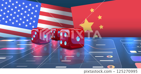 Trade war concept USA China flags dice symbolize tariffs economic tension digital background Trade war concept USA China flags dice symbolize tariffs economic tension digital background 125270995