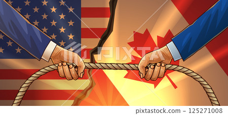 Trade war USA Canada illustration showing hands gripping rope over cracked flags symbolizing conflict tension economic tariffs 125271008