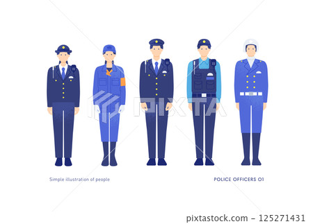 Illustration of a police officer, a motorcycle police officer, and a forensic investigator. Vector illustration material of young men and women. 125271431