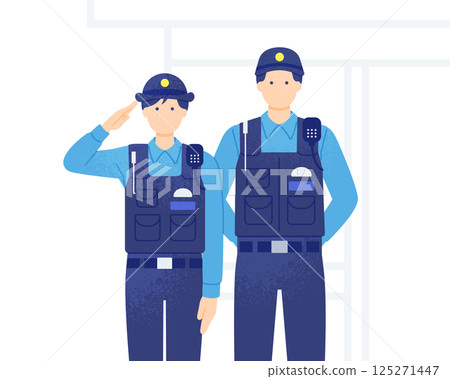 A police officer saluting in front of a police box. Vector illustration of a police officer protecting the community. A police officer saluting in front of a police box. Vector illustration of a police officer protecting the community. 125271447