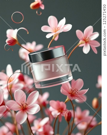 Floating Cosmetic Jars Amidst Elegant Blooming Flowers in a Dreamlike Composition 125271450