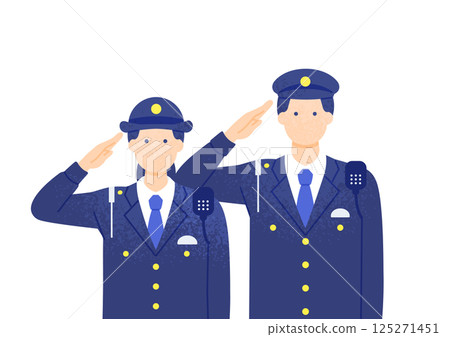 淳樸可愛的警察。一名警官敬禮的向量插圖。 125271451