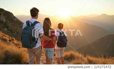 family hiking at sunset on mountain trail, father mother and son with backpacks enjoying panoramic golden view of the valley, peaceful outdoor travel scene, adventure tourism, family vacation, outdoor 125271472