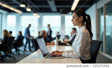 woman working on laptop in modern open space office with people collaborating in background, corporate training, business operations, coworking agency 125271581