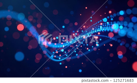blue and red glowing particles forming dynamic flowing lines and light waves on dark background, digital binary data stream, bokeh, technology, software, artificial intelligence 125271683