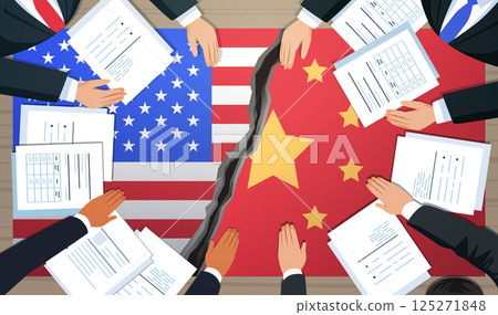Trade war United States China flags business conflict negotiation table crack documents hands suits tariffs war 125271848