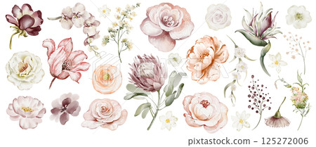 Watercolor floral collection with roses, daisies and leaves. Hand drawn spring bouquets and botanical elements. Perfect for greeting cards, invitations, and decorative design. 125272006