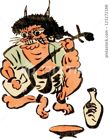 A cartoon demon playing the shamisen while drinking sake 125272166