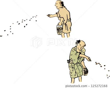 A loose illustration of men sowing rice seeds in a rice field A loose illustration of men sowing rice seeds in a rice field 125272168