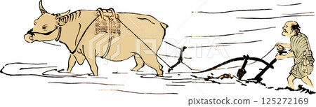 A loose drawing of a cow working in a rice field 125272169