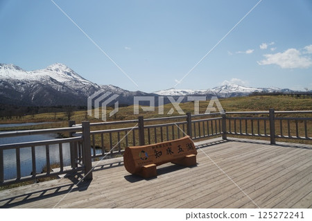 Snow-covered Shiretoko mountain range and signboard seen from the Shiretoko Five Lakes Snow-covered Shiretoko mountain range and signboard seen from the Shiretoko Five Lakes 125272241
