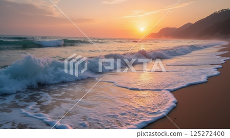 Waves crashing on sandy beach at vibrant sunset with mountain coast, scenic seascape for summer travel and tropical vacation theme 125272400