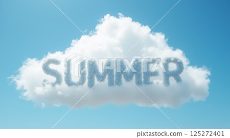 Word summer formed from clouds on blue sky, creative skywriting concept for seasonal design, vacation, travel, and weather themes 125272401