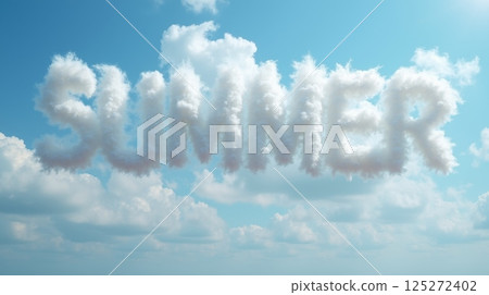 Word summer formed from fluffy clouds in blue sky, conceptual skywriting image for seasonal design, vacation, and weather themes 125272402