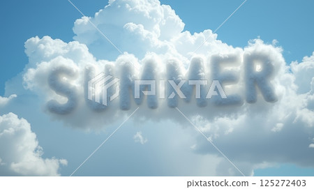 Word summer shaped from white fluffy clouds in blue sky, conceptual skywriting image for seasonal design, weather, and vacation theme 125272403