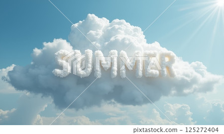 Word summer made of fluffy clouds in blue sky with sun rays, creative skywriting concept for seasonal, weather, and vacation design 125272404