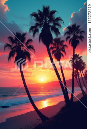 Curved palm trees on tropical beach at sunset with ocean waves and colorful sky, summer vacation and coastal landscape illustration Curved palm trees on tropical beach at sunset with ocean waves and colorful sky, summer vacation and coastal landscape illustration 125272419