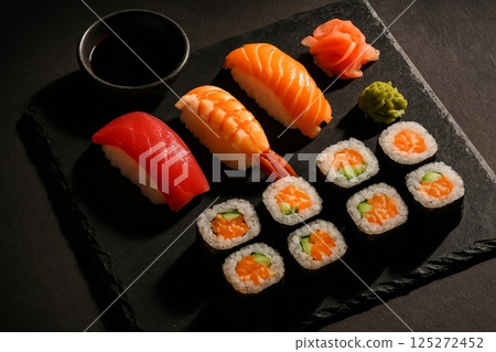 Assorted sushi nigiri and rolls with soy sauce, wasabi and pickled ginger on black stone plate, traditional japanese restaurant meal 125272452