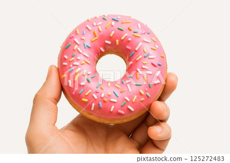 Hand holding pink glazed donut with colorful sprinkles on white background, sweet dessert concept for food design and bakery 125272483
