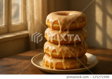 Stack of glazed donuts with caramel icing dripping on ceramic plate, warm natural light, sweet pastry dessert in rustic setting 125272490