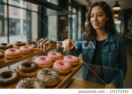 Woman choosing donuts at bakery display with pink and chocolate glazed pastries, food selection concept in modern shop interior 125272492